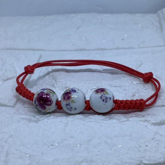 Floral Beads Bracelet Adjustable Women’s Red - Picture 3 of 4